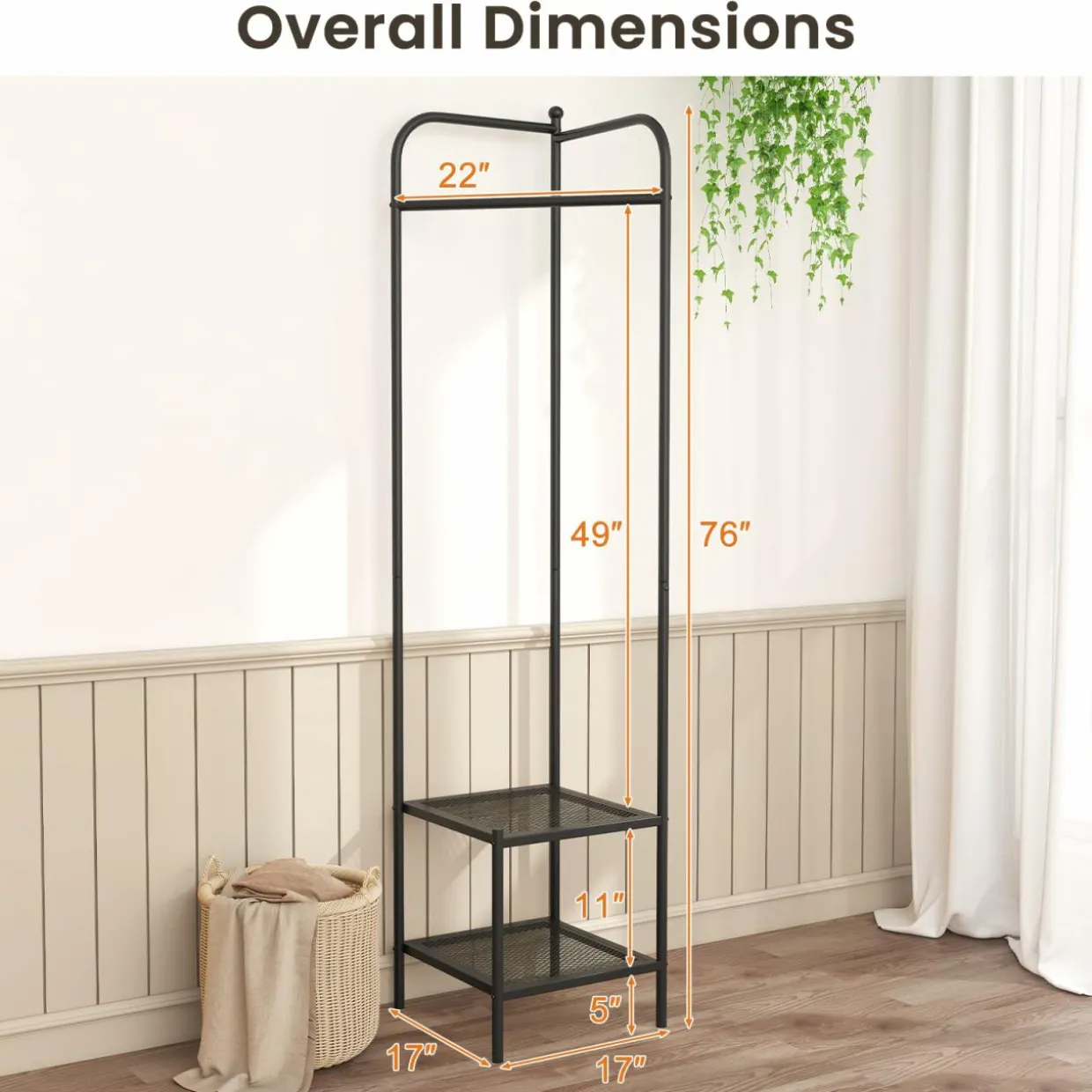 Tangkula Corner Coat Rack with Storage, Simple Hall Tree with Hanging Rod & 2 Mesh Shelves
