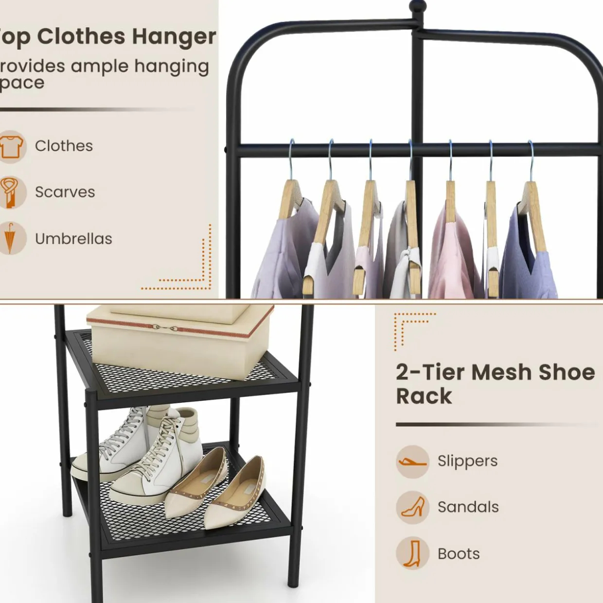 Tangkula Corner Coat Rack with Storage, Simple Hall Tree with Hanging Rod & 2 Mesh Shelves