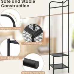 Tangkula Corner Coat Rack with Storage, Simple Hall Tree with Hanging Rod & 2 Mesh Shelves