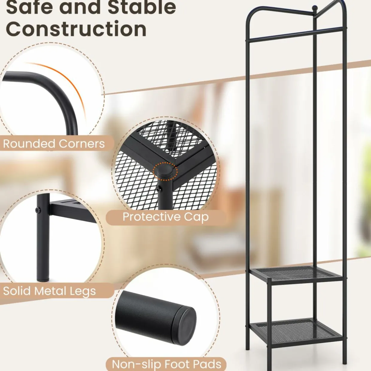 Tangkula Corner Coat Rack with Storage, Simple Hall Tree with Hanging Rod & 2 Mesh Shelves
