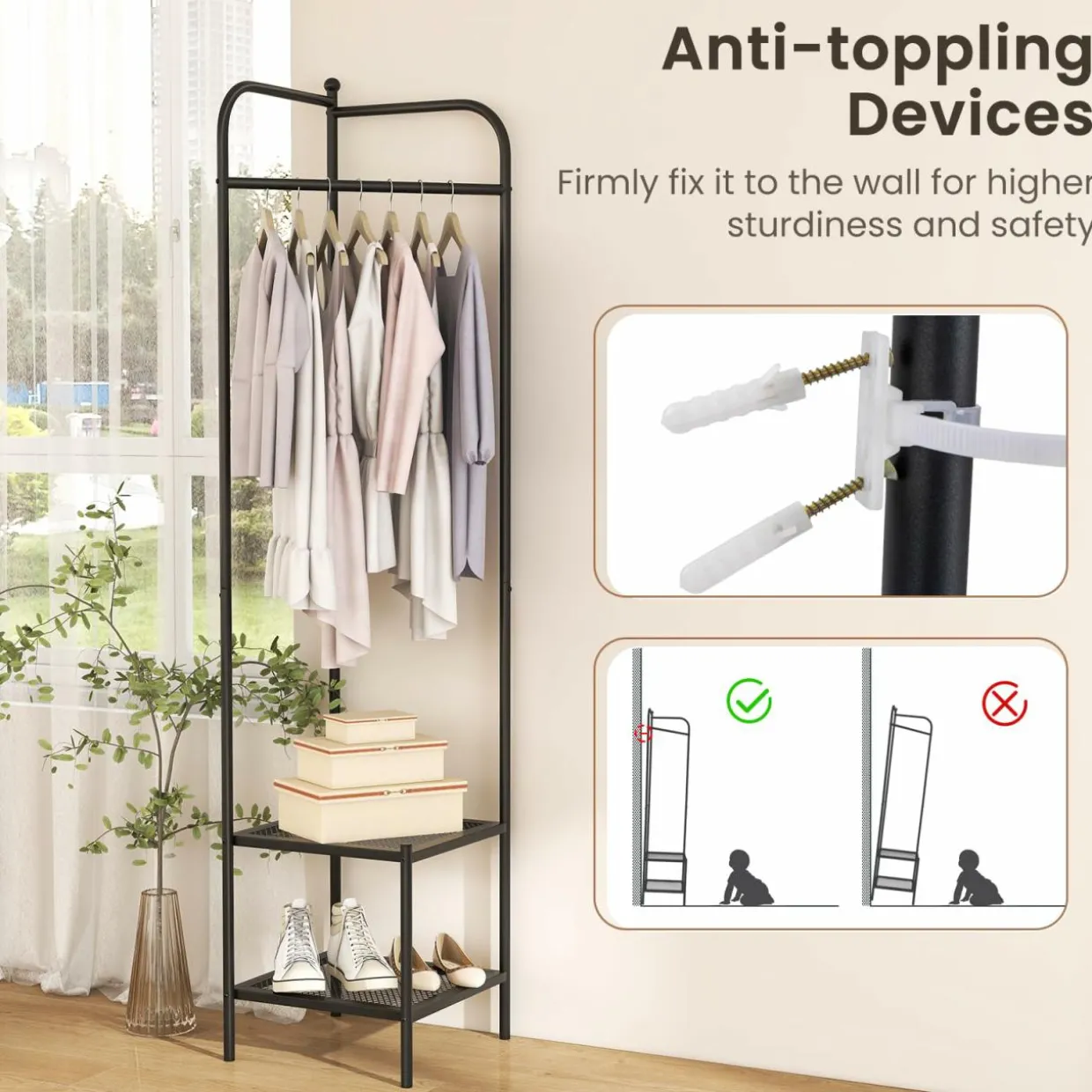 Tangkula Corner Coat Rack with Storage, Simple Hall Tree with Hanging Rod & 2 Mesh Shelves