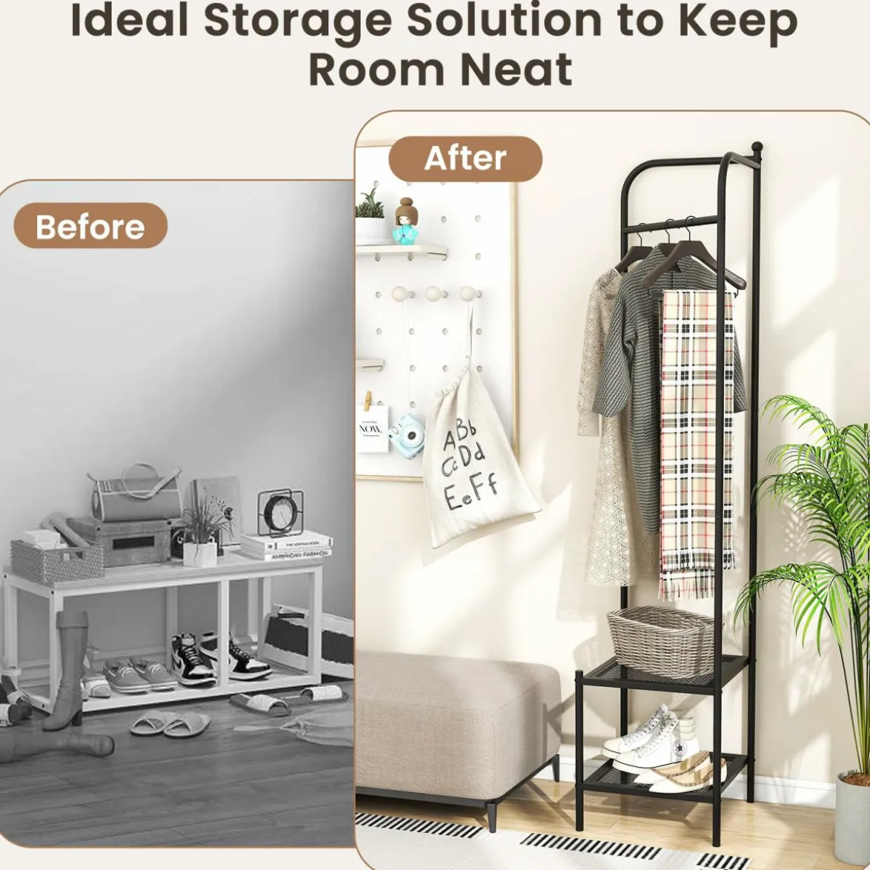 Tangkula Corner Coat Rack with Storage, Simple Hall Tree with Hanging Rod & 2 Mesh Shelves