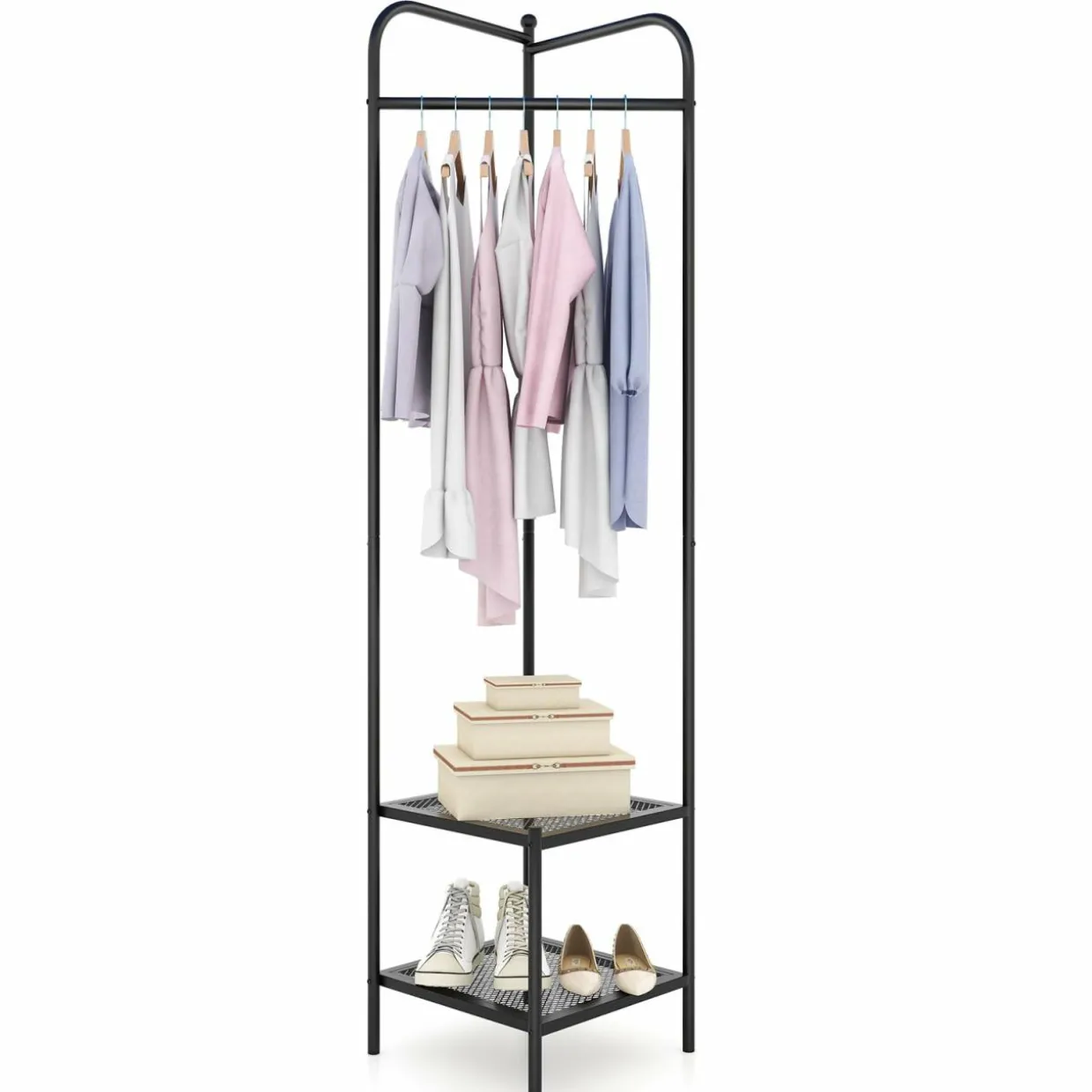 Tangkula Corner Coat Rack with Storage, Simple Hall Tree with Hanging Rod & 2 Mesh Shelves