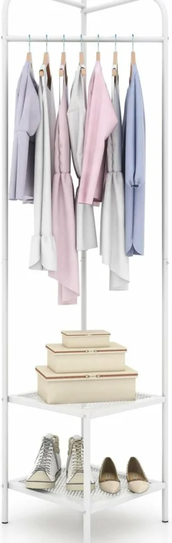 Tangkula Corner Coat Rack with Storage, Simple Hall Tree with Hanging Rod & 2 Mesh Shelves