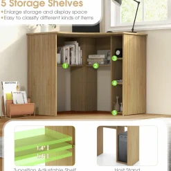 Tangkula Corner Desk with Storage Shelves, Space-Saving Triangle Study Writing Desk with Adjustable Shelves