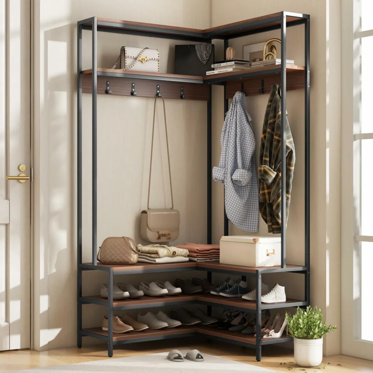 Tangkula Corner Hall Tree, 70 Inch Coat Rack with Bench and Shoe Storage
