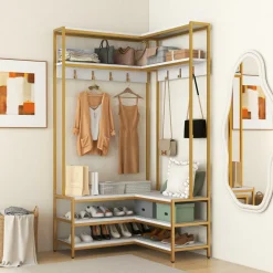 Tangkula Corner Hall Tree, 70 Inch Coat Rack with Bench and Shoe Storage