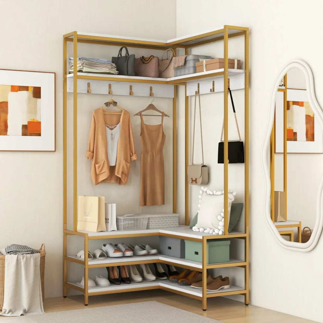 Tangkula Corner Hall Tree, 70 Inch Coat Rack with Bench and Shoe Storage