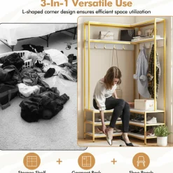 Tangkula Corner Hall Tree, 70 Inch Coat Rack with Bench and Shoe Storage