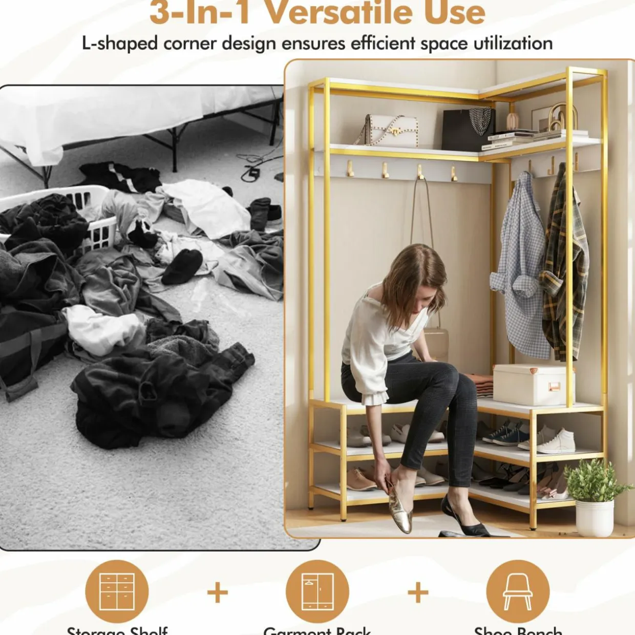 Tangkula Corner Hall Tree, 70 Inch Coat Rack with Bench and Shoe Storage