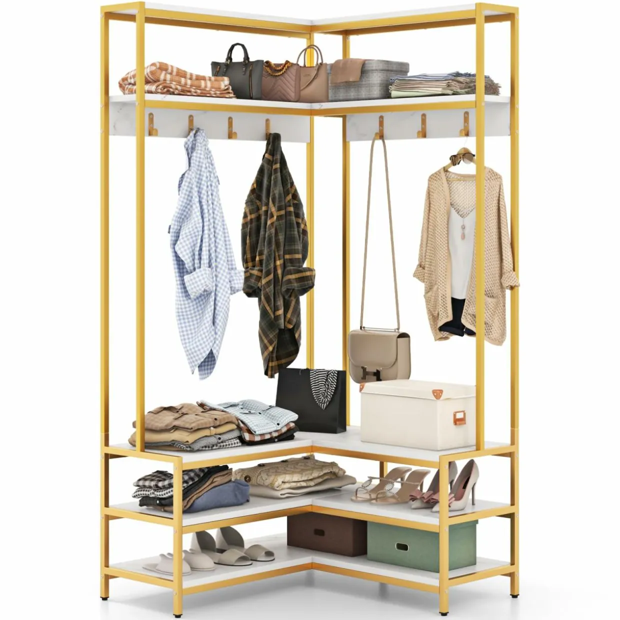 Tangkula Corner Hall Tree, 70 Inch Coat Rack with Bench and Shoe Storage