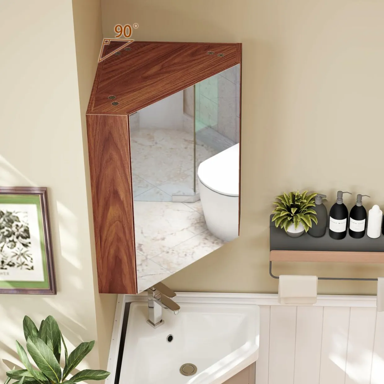 Tangkula Corner Medicine Cabinet with Mirror, 23.5" Wall Mounted Storage Cabinet Organizer with Left/Right Open Mirror Door & Adjustable Shelf