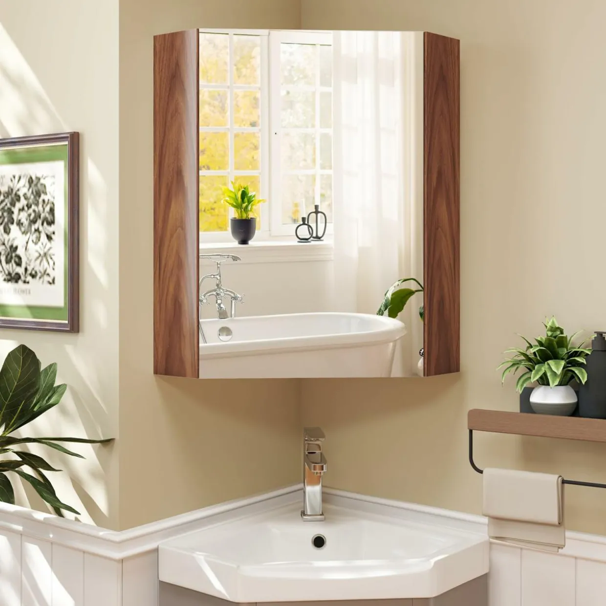 Tangkula Corner Medicine Cabinet with Mirror, 23.5" Wall Mounted Storage Cabinet Organizer with Left/Right Open Mirror Door & Adjustable Shelf