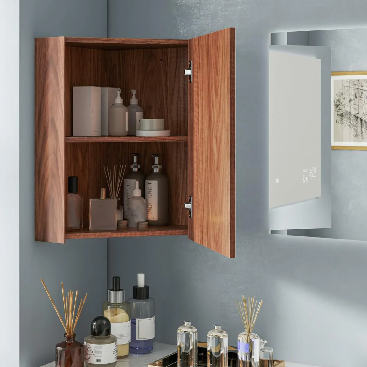Tangkula Corner Medicine Cabinet with Mirror, 23.5" Wall Mounted Storage Cabinet Organizer with Left/Right Open Mirror Door & Adjustable Shelf