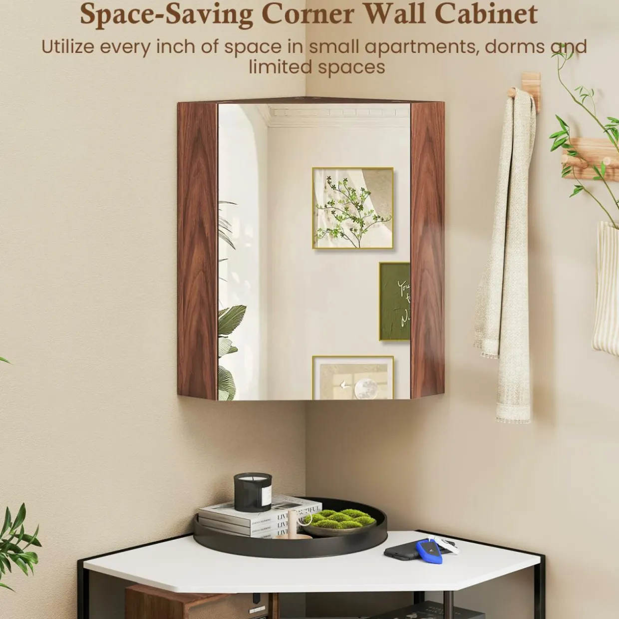 Tangkula Corner Medicine Cabinet with Mirror, 23.5" Wall Mounted Storage Cabinet Organizer with Left/Right Open Mirror Door & Adjustable Shelf