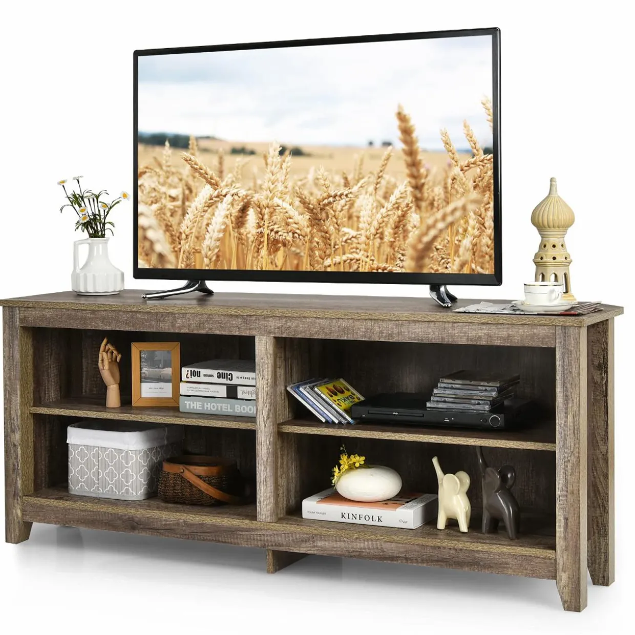 Tangkula Corner TV Stand for TVs up to 65-Inch, Wood Universal 4 Cubby TV Console Table