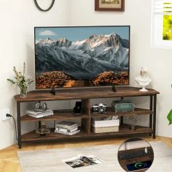 Tangkula Corner TV Stand for TVs up to 65”, TV Console Table w/AC Outlets, USB A Ports, USB C Port