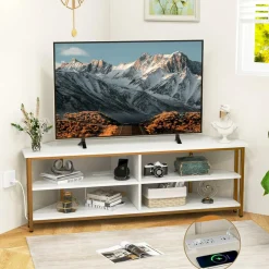 Tangkula Corner TV Stand for TVs up to 65”, TV Console Table w/AC Outlets, USB A Ports, USB C Port