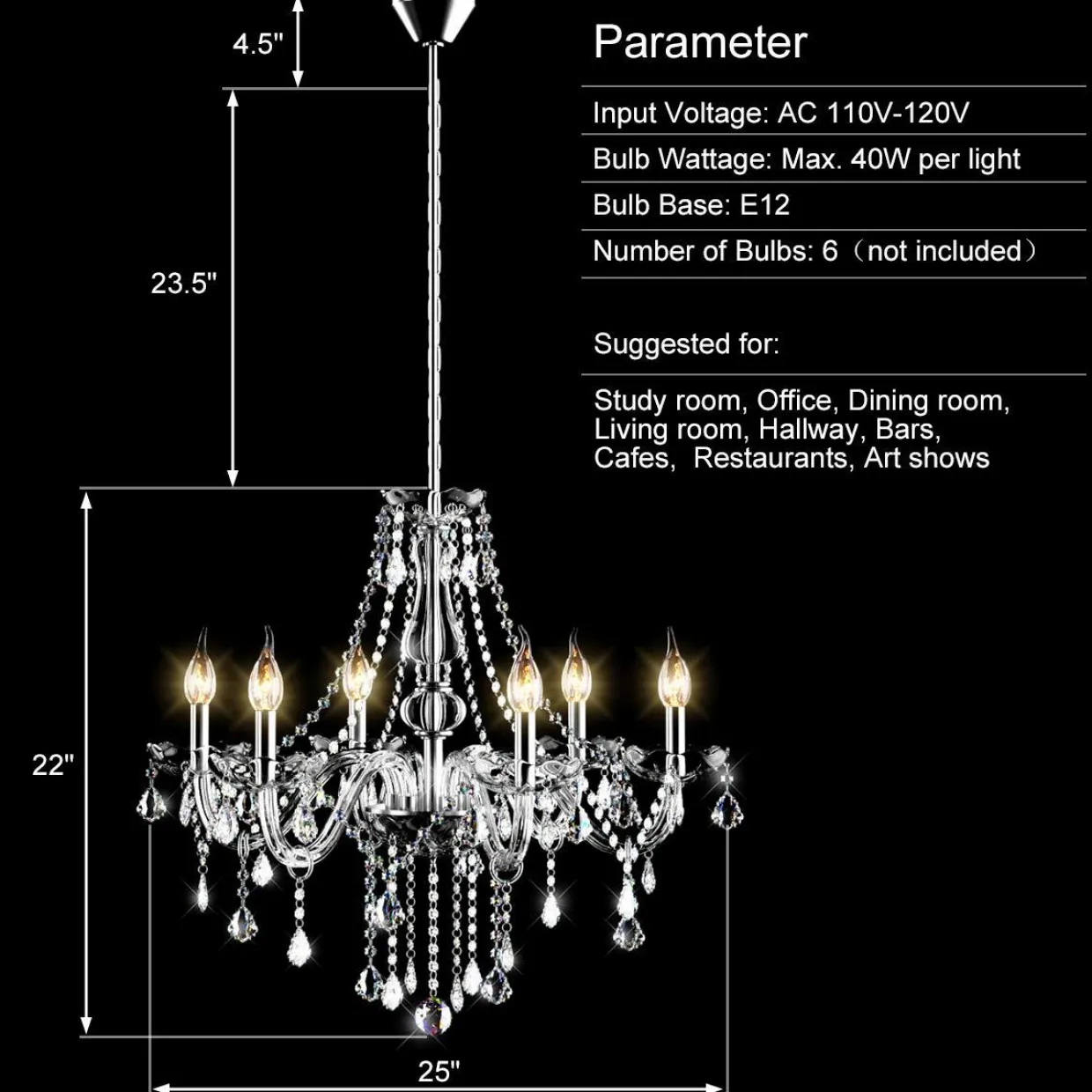 Tangkula Crystal Chandelier, 6 Light Ceiling Lighting Fixture (Transparent)