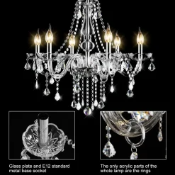 Tangkula Crystal Chandelier, 6 Light Ceiling Lighting Fixture (Transparent)