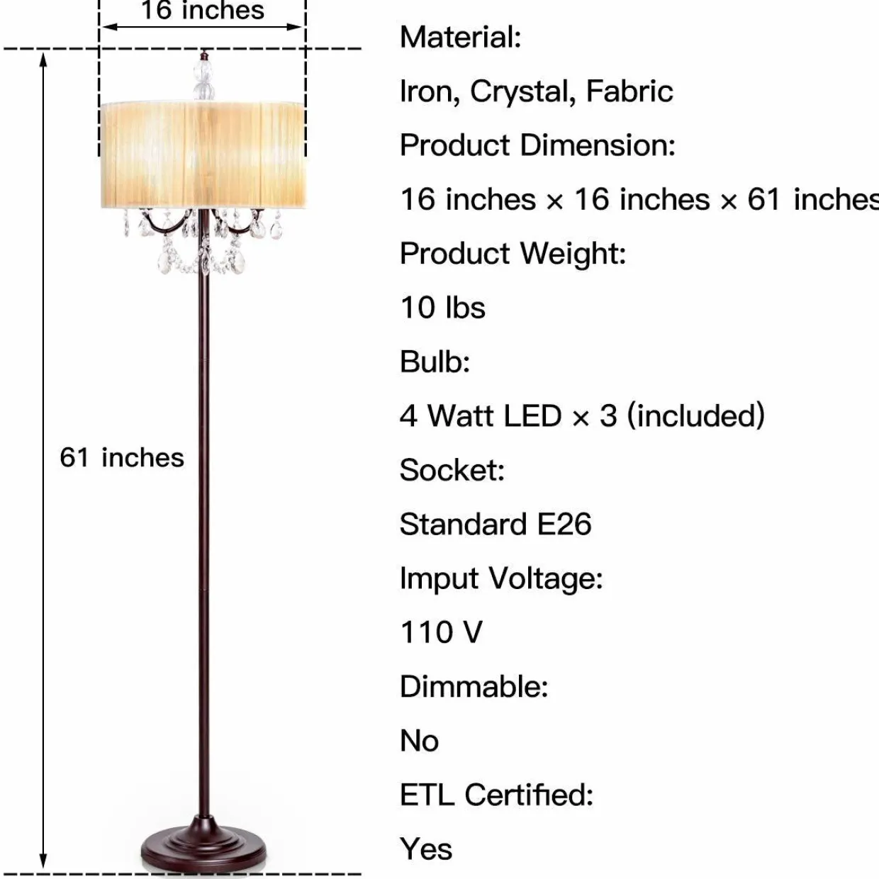 Tangkula Crystal Floor Lamp Sheer Shade Elegant Design Floor Light