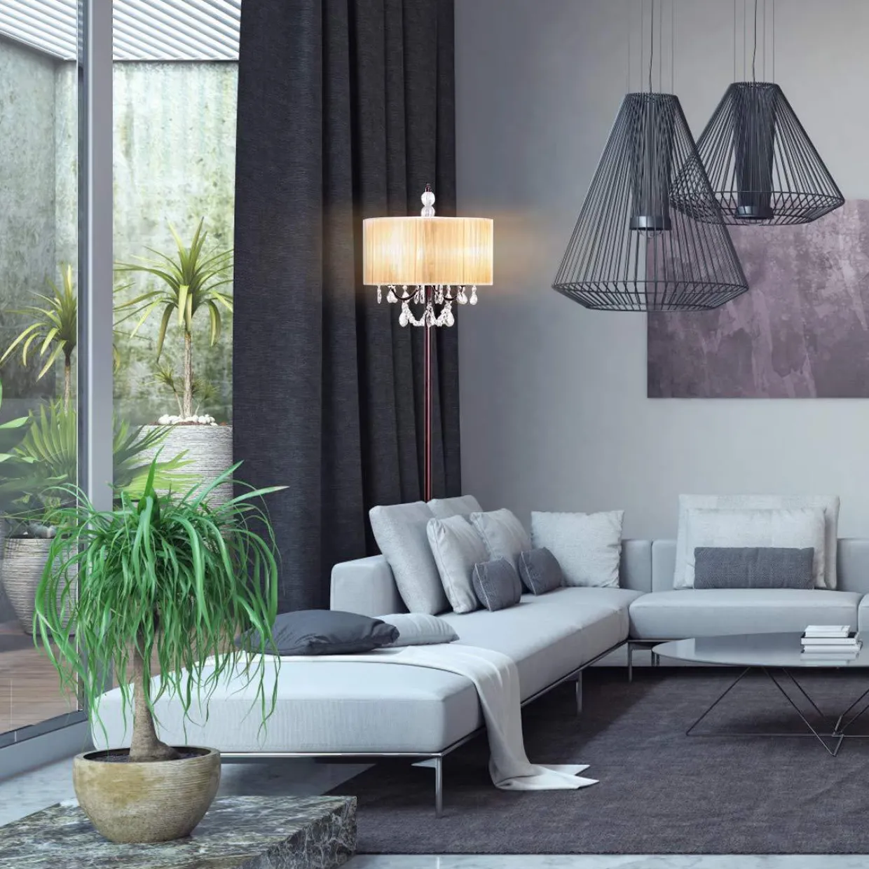 Tangkula Crystal Floor Lamp Sheer Shade Elegant Design Floor Light