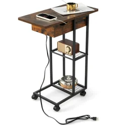 Tangkula C-Shaped End Table for Small Space, Flip-Up Top Side Table with Charging Station