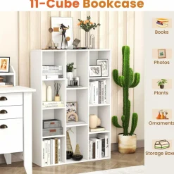 Tangkula 11-Cube Bookcase, Modern Freestanding White Geometric Bookshelf, Multifunctional Book Storage Organizer