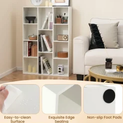 Tangkula 11-Cube Bookcase, Modern Freestanding White Geometric Bookshelf, Multifunctional Book Storage Organizer