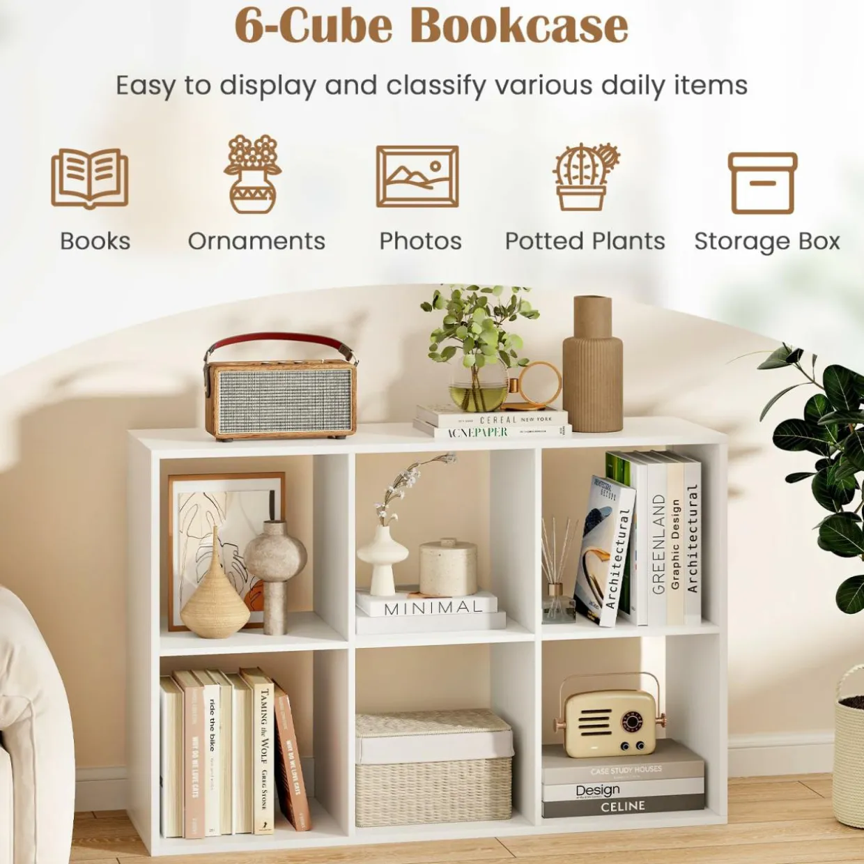 Tangkula 6-Cube Bookcase, 3-Tier Bookshelf with Open Compartments