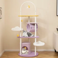 Tangkula Cute Cat Tree, 62 Inch Multi-Level Large Cat Tower with Metal Frame, Moon-Shaped Top Perch