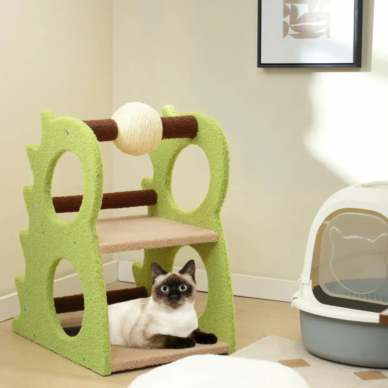 Tangkula Cute Cat Tree, Dinosaur-Shaped Cat Tower with Rotatable Sisal Scratching Ball (Green)
