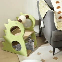 Tangkula Cute Cat Tree, Dinosaur-Shaped Cat Tower with Rotatable Sisal Scratching Ball (Green)