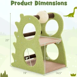 Tangkula Cute Cat Tree, Dinosaur-Shaped Cat Tower with Rotatable Sisal Scratching Ball (Green)