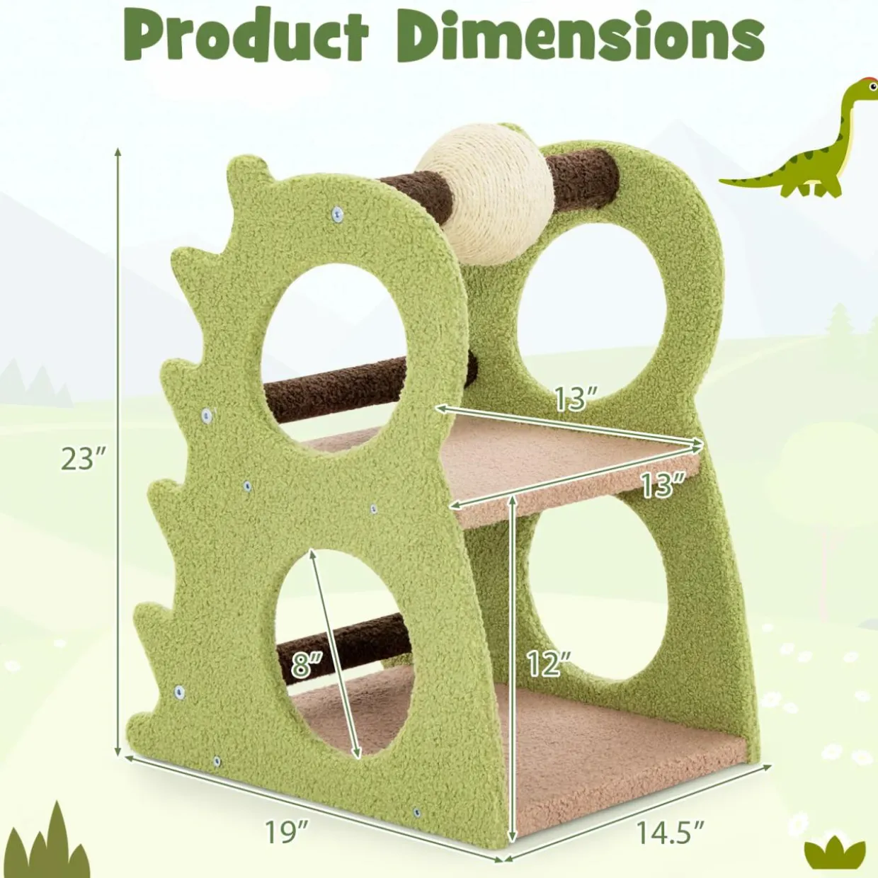 Tangkula Cute Cat Tree, Dinosaur-Shaped Cat Tower with Rotatable Sisal Scratching Ball (Green)