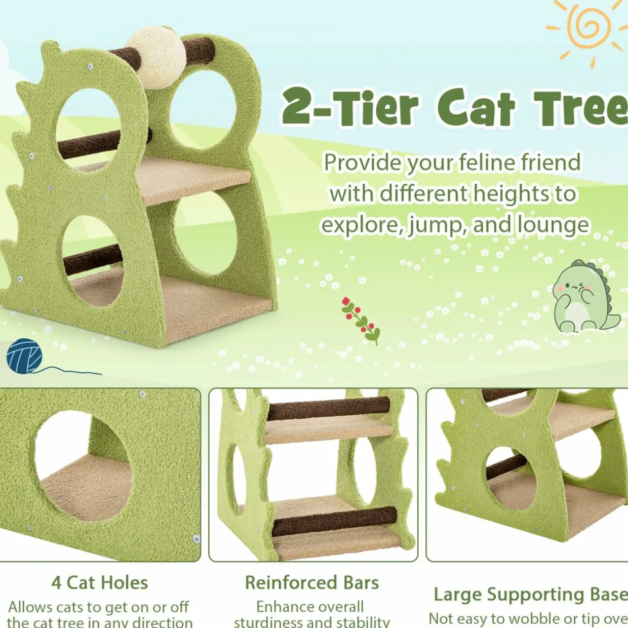 Tangkula Cute Cat Tree, Dinosaur-Shaped Cat Tower with Rotatable Sisal Scratching Ball (Green)