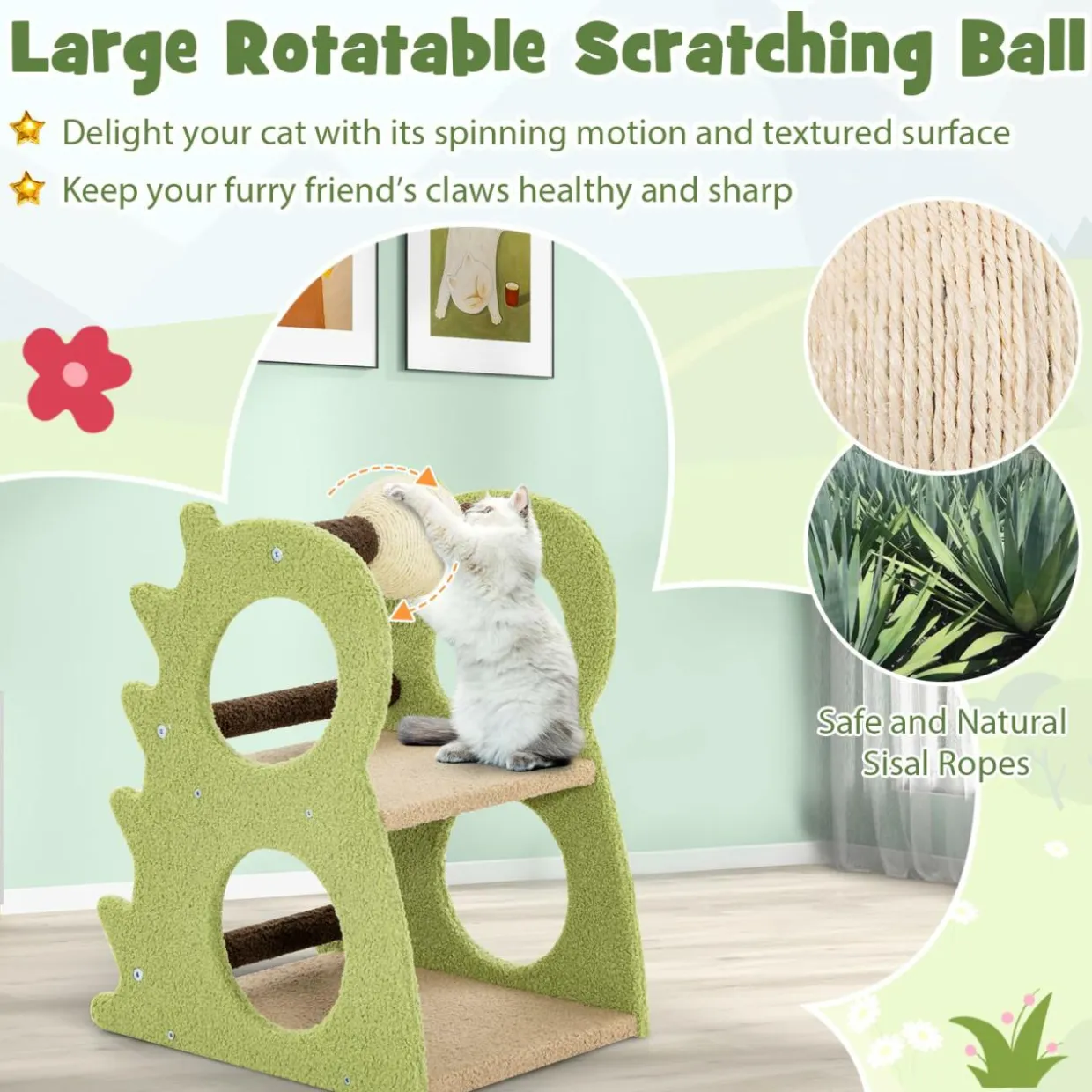 Tangkula Cute Cat Tree, Dinosaur-Shaped Cat Tower with Rotatable Sisal Scratching Ball (Green)