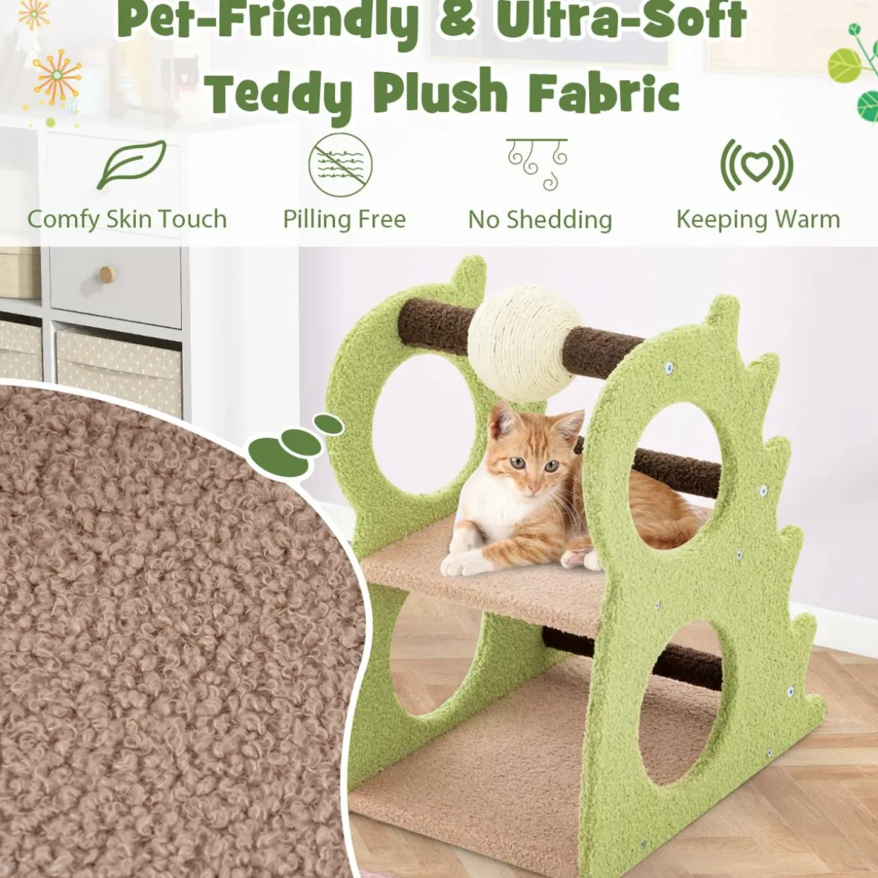Tangkula Cute Cat Tree, Dinosaur-Shaped Cat Tower with Rotatable Sisal Scratching Ball (Green)
