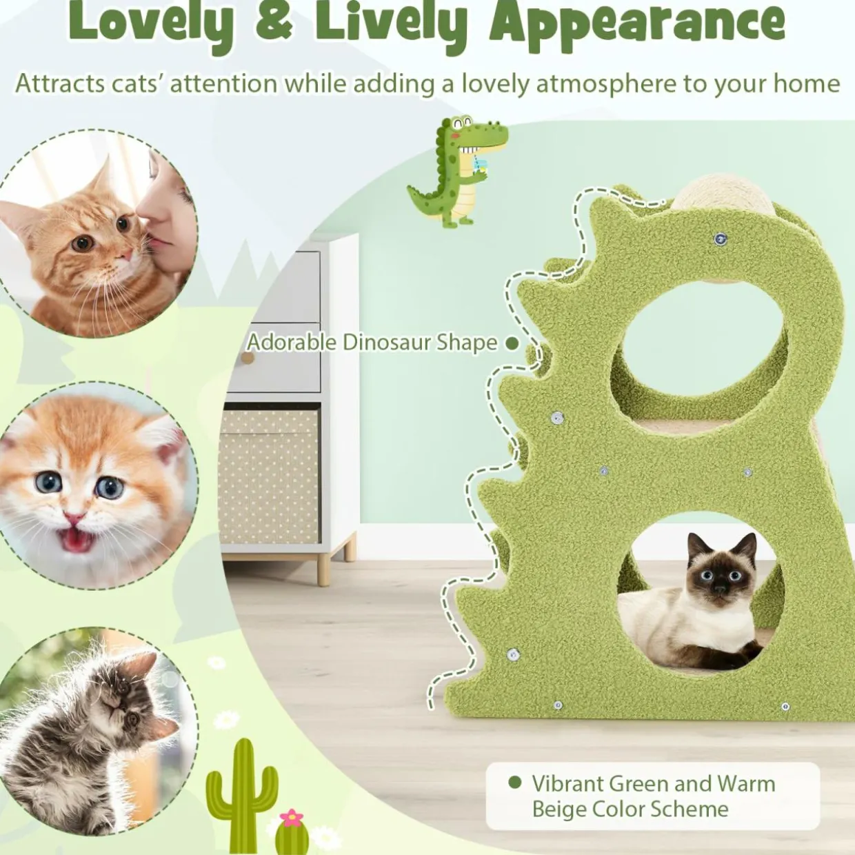 Tangkula Cute Cat Tree, Dinosaur-Shaped Cat Tower with Rotatable Sisal Scratching Ball (Green)