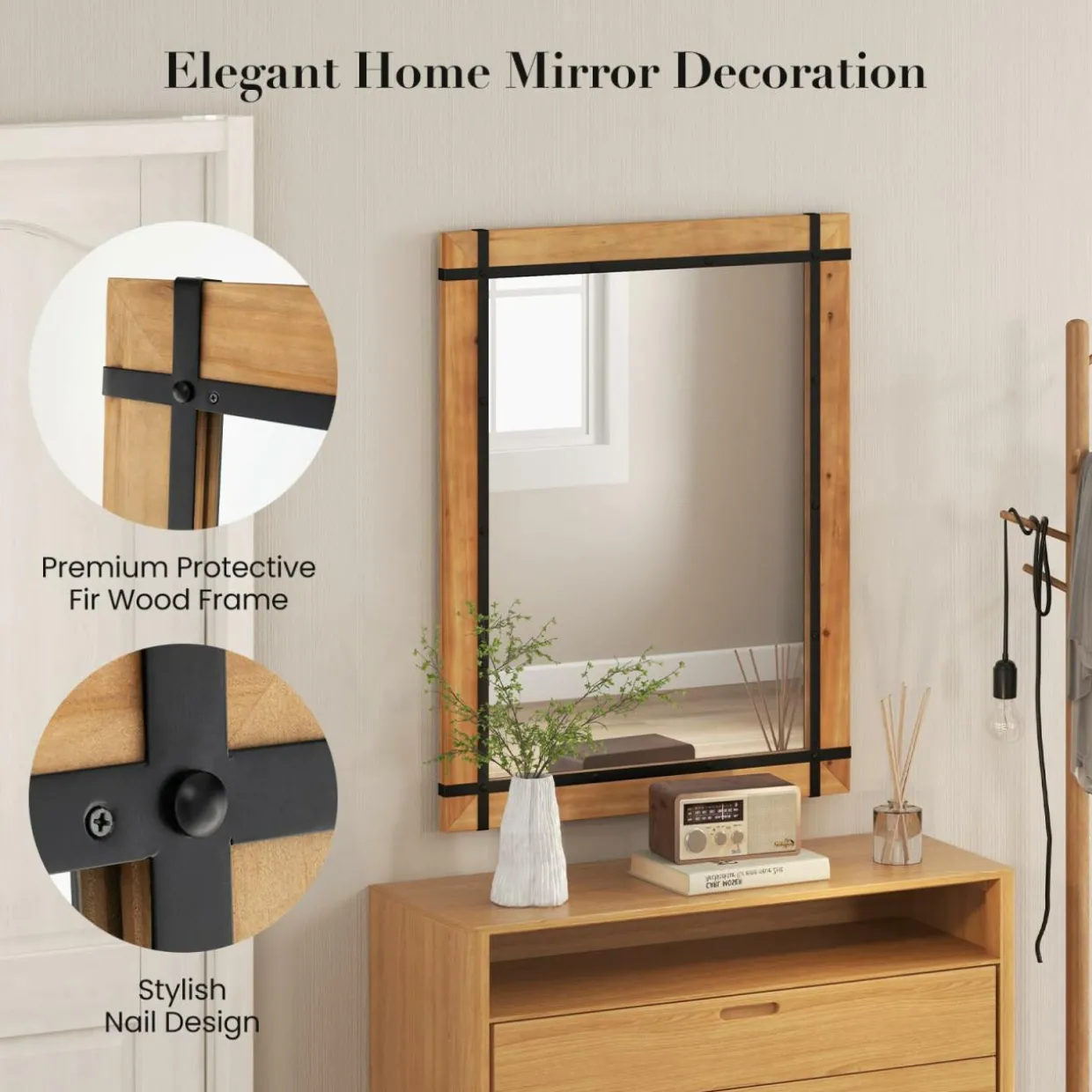 Tangkula Decorative Hanging Wall Mirror, 30" x 40" Wall Mounted Mirror with Fir Wood Frame