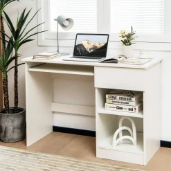 Tangkula Desk with Drawer, Wooden Computer Desk with Pull-Out Keyboard Tray & Adjustable Storage Shelves