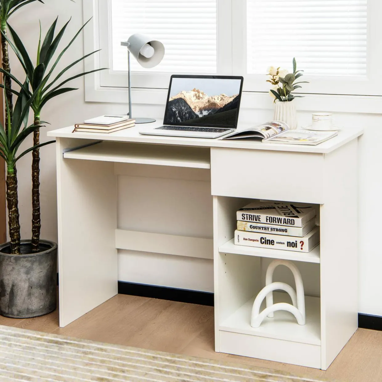 Tangkula Desk with Drawer, Wooden Computer Desk with Pull-Out Keyboard Tray & Adjustable Storage Shelves