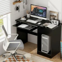 Tangkula Desk with Drawer, Wooden Computer Desk with Pull-Out Keyboard Tray & Adjustable Storage Shelves