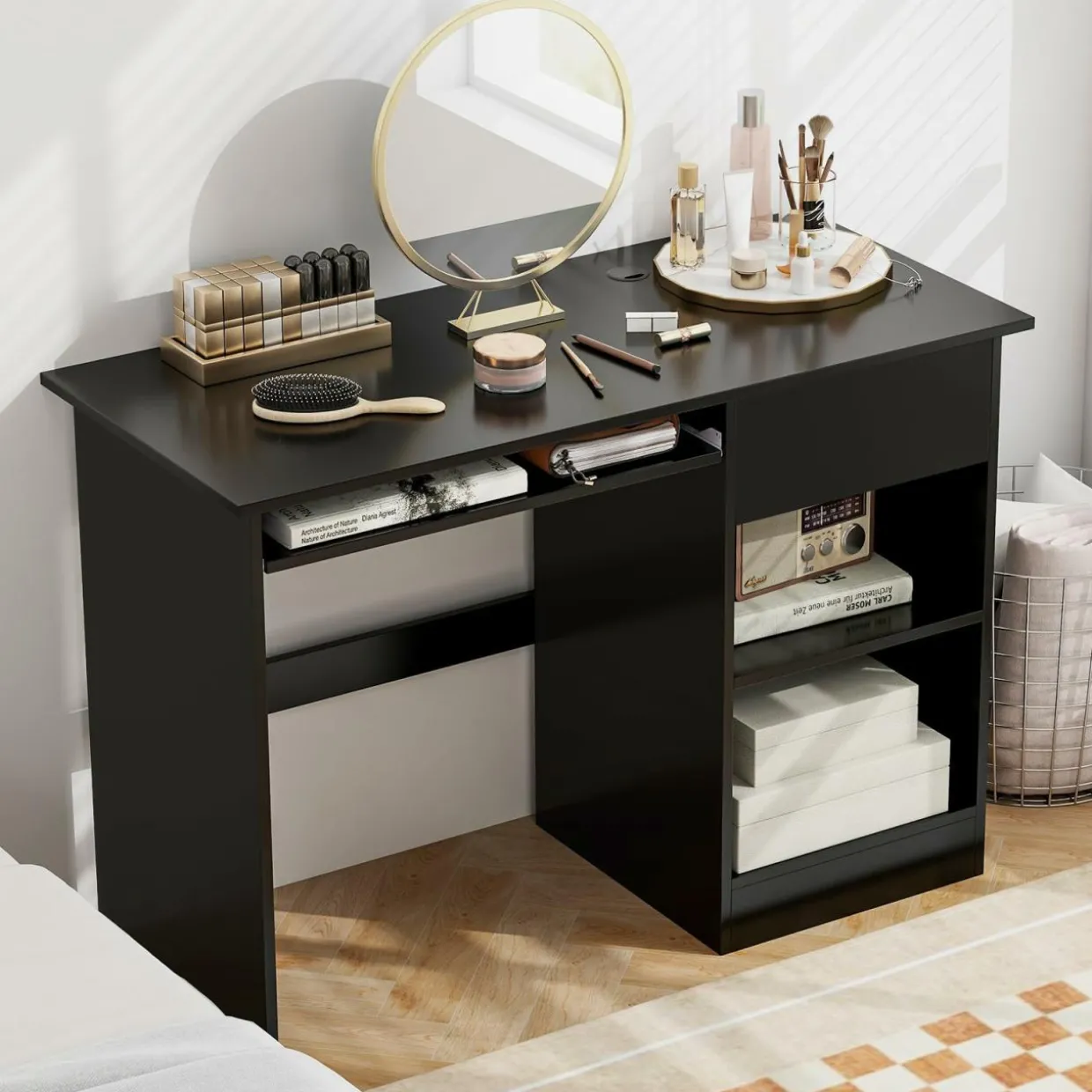 Tangkula Desk with Drawer, Wooden Computer Desk with Pull-Out Keyboard Tray & Adjustable Storage Shelves