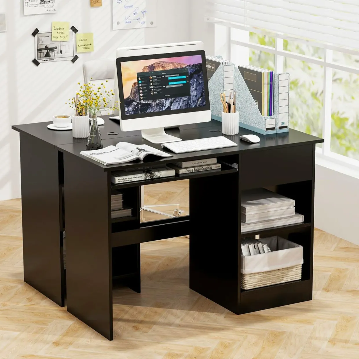 Tangkula Desk with Drawer, Wooden Computer Desk with Pull-Out Keyboard Tray & Adjustable Storage Shelves