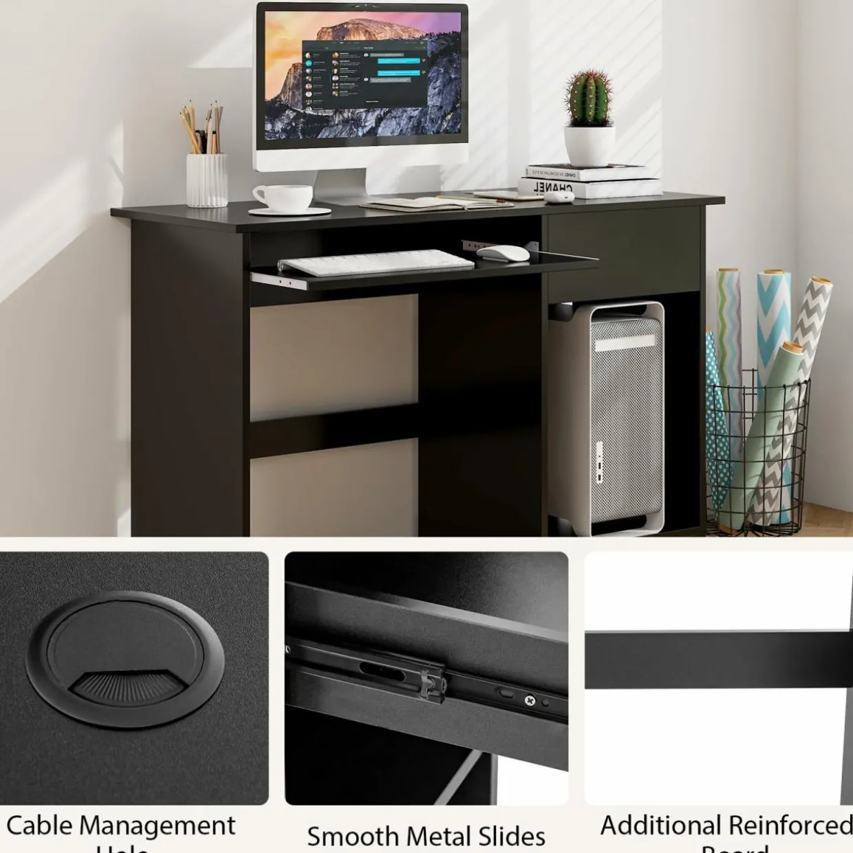 Tangkula Desk with Drawer, Wooden Computer Desk with Pull-Out Keyboard Tray & Adjustable Storage Shelves