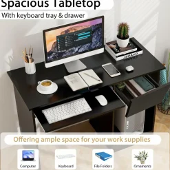 Tangkula Desk with Drawer, Wooden Computer Desk with Pull-Out Keyboard Tray & Adjustable Storage Shelves