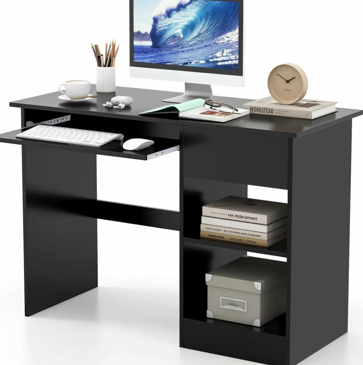 Tangkula Desk with Drawer, Wooden Computer Desk with Pull-Out Keyboard Tray & Adjustable Storage Shelves