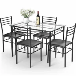 Tangkula Dining Table Set, 5 Pieces Dining Set with Tempered Glass Top Table and 4 Chairs