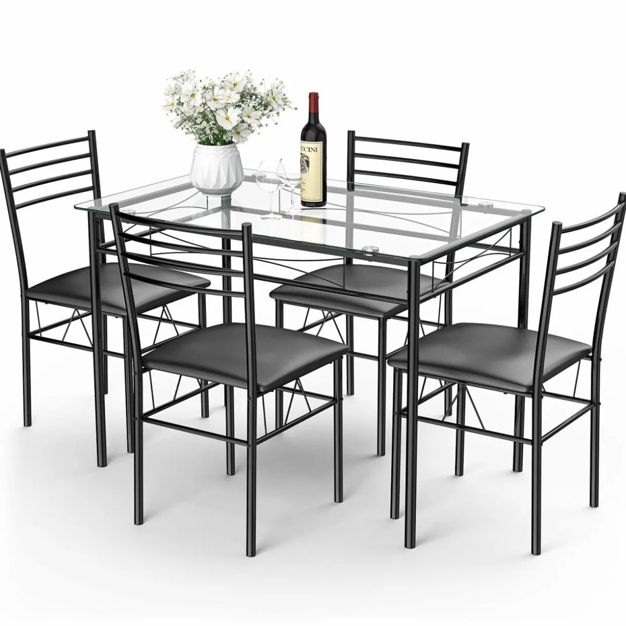 Tangkula Dining Table Set, 5 Pieces Dining Set with Tempered Glass Top Table and 4 Chairs
